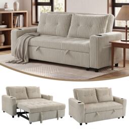 HOMCOM Corduroy Click Clack Sleeper Sofa with Pull Out Design, Cream White