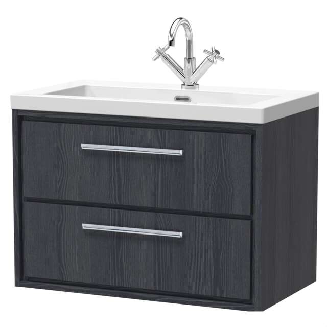 Balterley Longnor 2 Drawer Wall Hung Vanity Unit with 1 Tap Hole Modern Fireclay Basin, Woodgrain Graphite Grey, 800mm