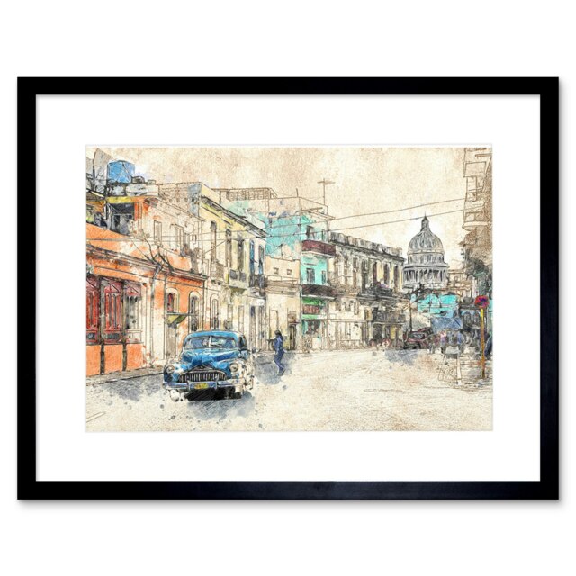"Havana Cuba Street Painting Sketch 9x7"" Black Framed Wall Art Print"