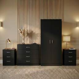 Vida Designs Riano 4 Piece Bedroom Set (2x 3 Drawer Bedside Chest, 5 Drawer Chest, 2 Door Wardrobe) - Black