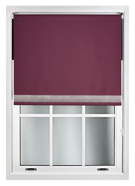 FURNISHED Thermal Blackout Roller Blinds with Diamante Edge Made to Measure Window Shade Purple Aubergine (W) 210cm x (L) 165cm