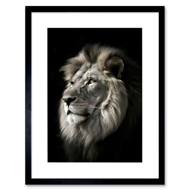 "Lion Head Portrait Dramatic Photograph 9x7"" Black Framed Wall Art Print"