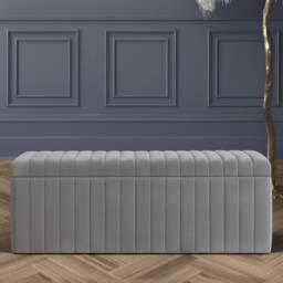 137cm Wide Lux Ottoman Storage Box, Grey Velvet Upholstered Full Striped Storage Ottoman Box