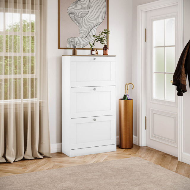 Vida Designs 3 Drawer Shoe Cabinet Hallway Home Entrance Storage Unit, White & Oak