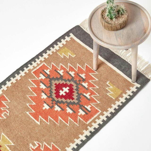 Homescapes Jaipur Handwoven Brown and Orange Kilim Wool Hall Runner - 66 x 200 cm Multi Brown, grey, orange, yellow and red 66 x 200 cm