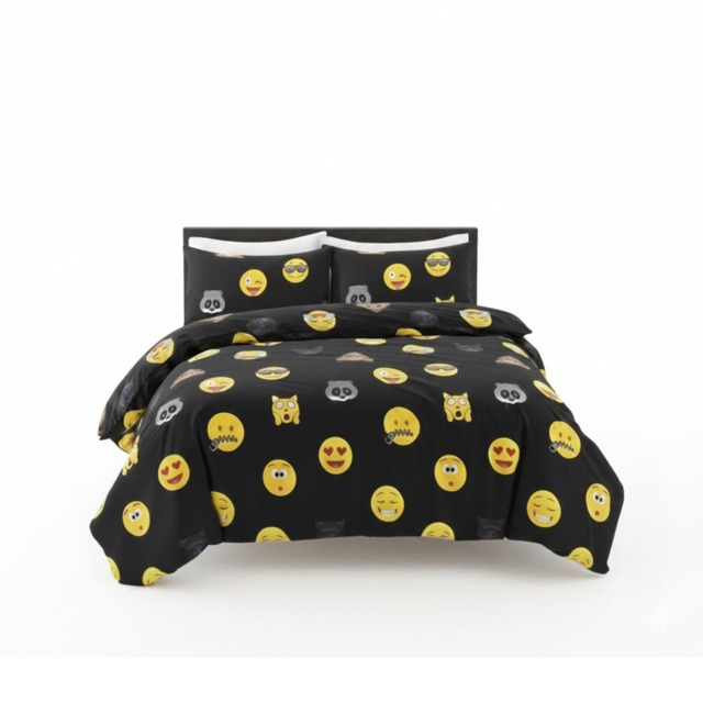 Emoji Print Duvet Cover Set Cool Playful Bedding with Pillowcases Black Double