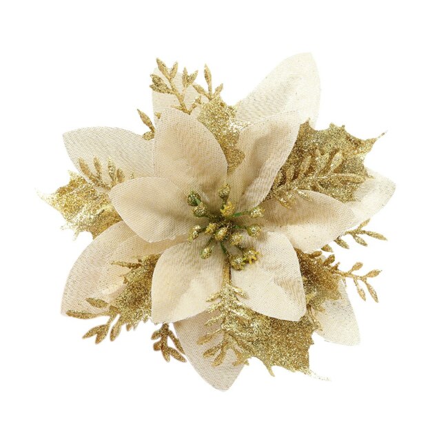 Living and Home 24 Pcs Artificial Poinsettia Flowers Christmas Tree Ornament Set- Golden