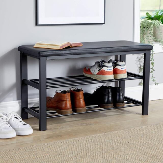 Metal Shoe Bench with Storage Shelfs For Entryway Hallway Seating Black