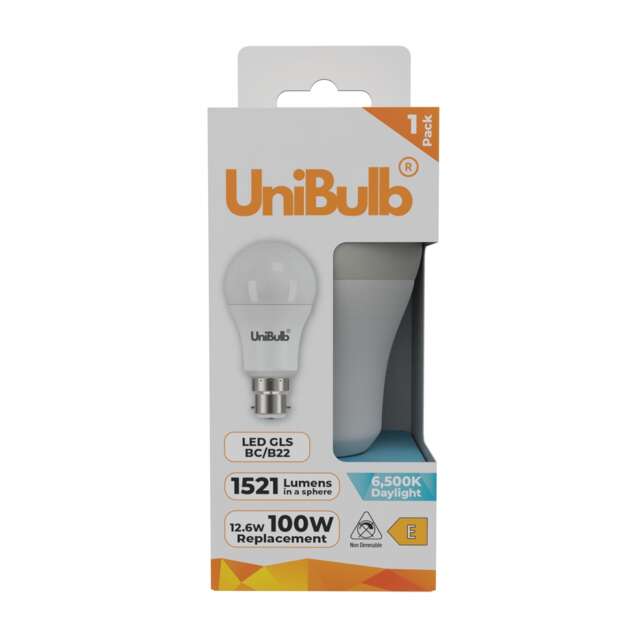 UniBulb LED GLS B22 Bayonet Cap (BC) 1521lm 12.6W (Replaces 100W) 6500K (Daylight) Light Bulb - Pack of 1 White Daylight 1