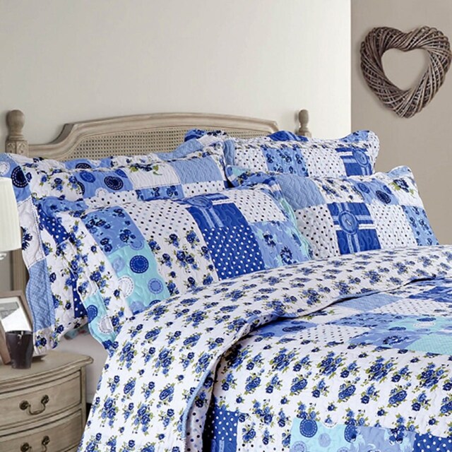 Velosso Stitch Trail Cotton Blend Quilted Bedspread Set Blue Blue Double