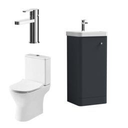 Balterley Contemporary Floor Standing 1 Door Bathroom Vanity Unit, Basin, Tap & Toilet Pack Grey Satin Soft Black 814 x 379 x 342mm