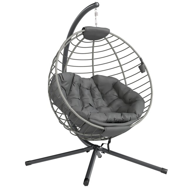 Outsunny PE Rattan Hanging Swing Chair w/ Stand & Cup Holder, Grey