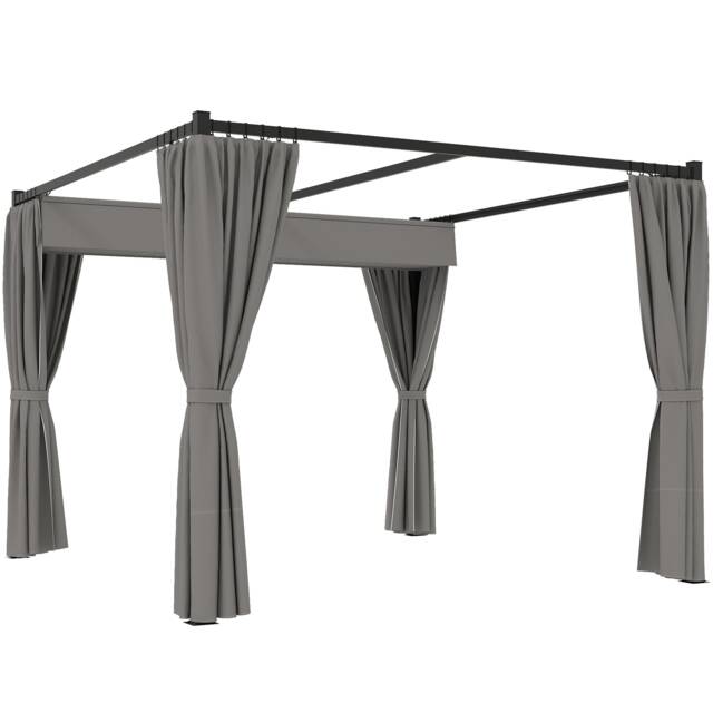 Outsunny 3 x 3m Pergola with Retractable Roof Canopy and Curtains, Metal Frame Garden Gazebo Outdoor Sun Shade Shelter for Grill, Patio, Deck, Light Grey