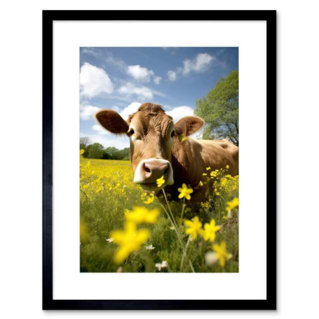 "Buttercups and Cow Meadow Flowers Countryside 9x7"" Black Framed Wall Art Print"