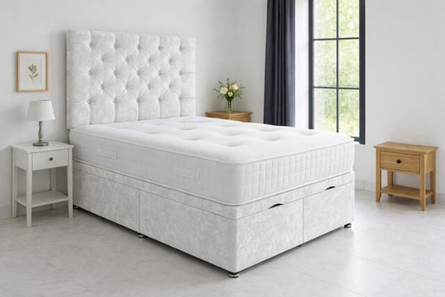 Foot Lift White Crush 5ft Kingsize Ottoman Bed Set Headboard and Mattress