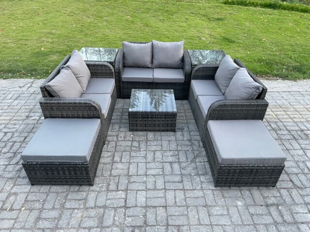 Fimous 8 Seater Outdoor Garden Furniture Sets Wicker Rattan Furniture Sofa Sets with Square Coffee Table Love seat Sofa 2 Big Footstool 2 Side Tables