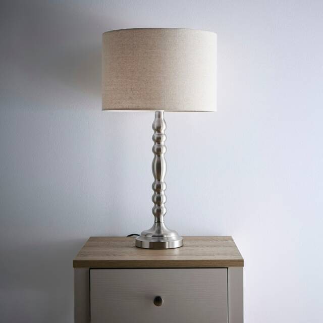 Rosa Satin Nickel Table Lamp on a Candlestick Design with a Natural Linen Lampshade Silver