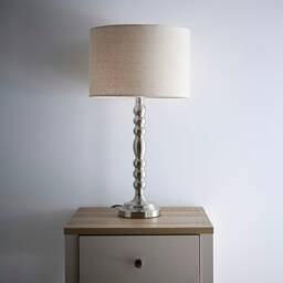 Rosa Satin Nickel Table Lamp on a Candlestick Design with a Natural Linen Lampshade Silver