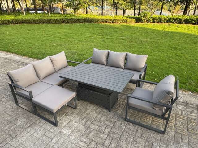Fimous Aluminium Garden Furniture Sets,8 Seater Outdoor Sofa Dining Set with Adjustable Rising Lifting Dining Table Big Footstool for Yard,Poolside, Patio, Dark Grey