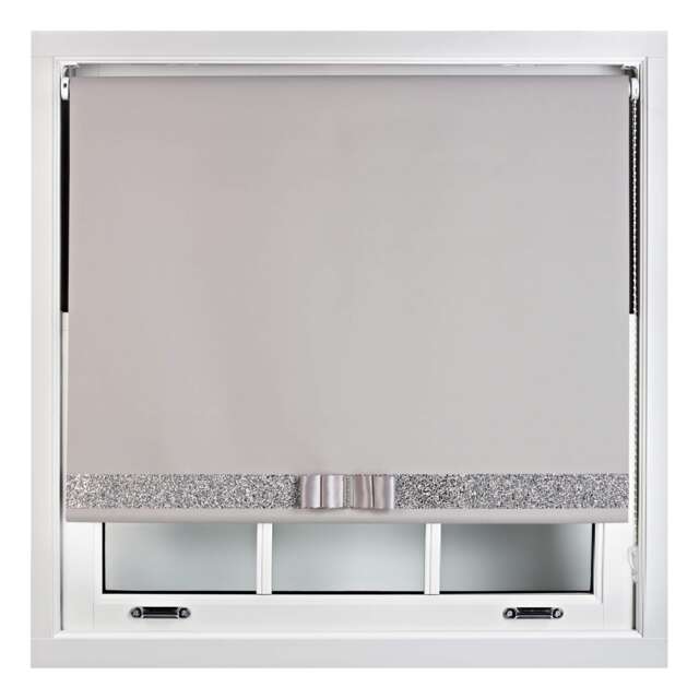 FURNISHED Blackout Roller Blind with Silver Glitter Trim and Grey Bow Trimmable Window Shade Grey Grey (W) 240cm x (L) 165cm