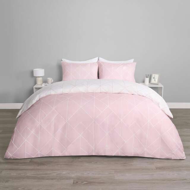 OHS Geometric Reversible Print Duvet Cover and Pillowcase Set, Double - Blush Pink