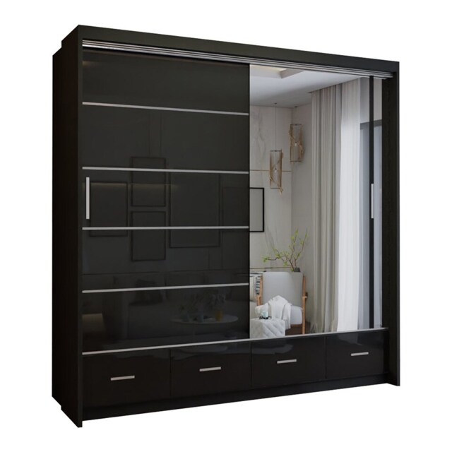 Spacious High Gloss Contemporary Wardrobe with Mirrored Sliding Doors and Drawers - Black 203cm