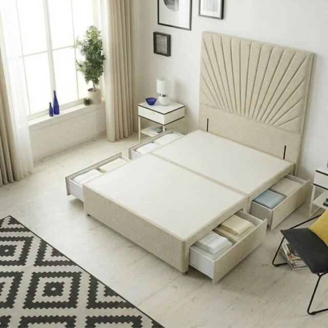 Sunburst Divan Bed with 4 Drawers & 54'' Floor Standing Headboard Tweed Fabric Brown Natural