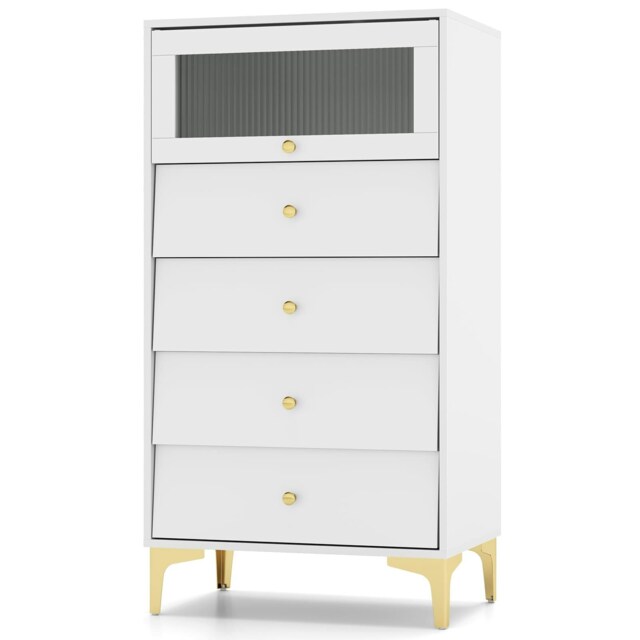 COSTWAY 4 Drawer Dresser Storage w/ Flip Up Door Grey
