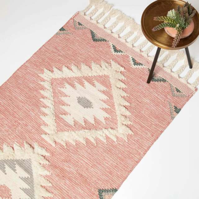 Homescapes Pali Pink Kilim Wool Rug - 90 x 150 cm Pink 90 x 150 cm