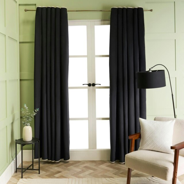 "OHS Piped Edge Velvet Light Reducing Insulated Panel Pair Eyelet Curtains, 66x90"" Multi Black/White"