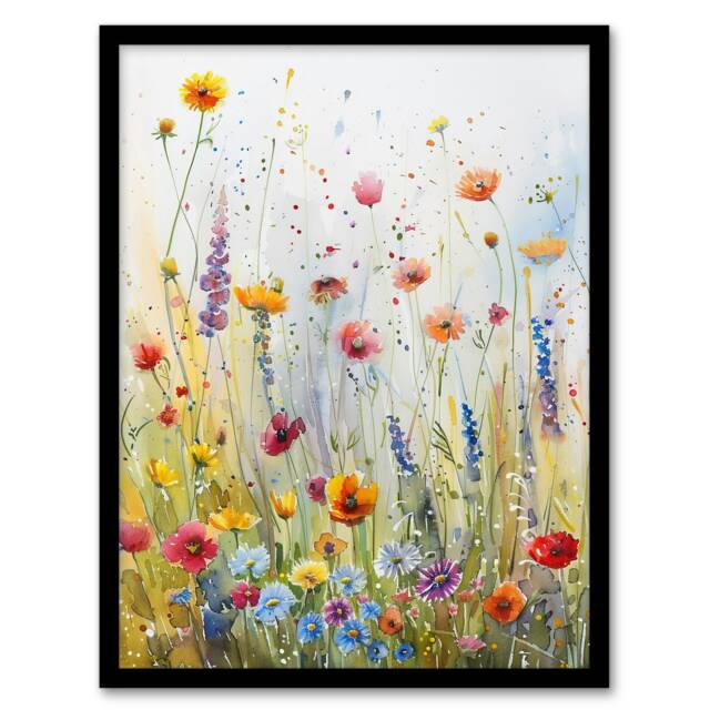 Spring Wildflower Meadow Watercolour Living Room Black Framed Wall Art Print A4