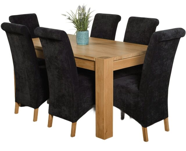 Kuba 150 x 85 cm Chunky Medium Oak Dining Table and 6 Montana Fabric Chairs Black Black