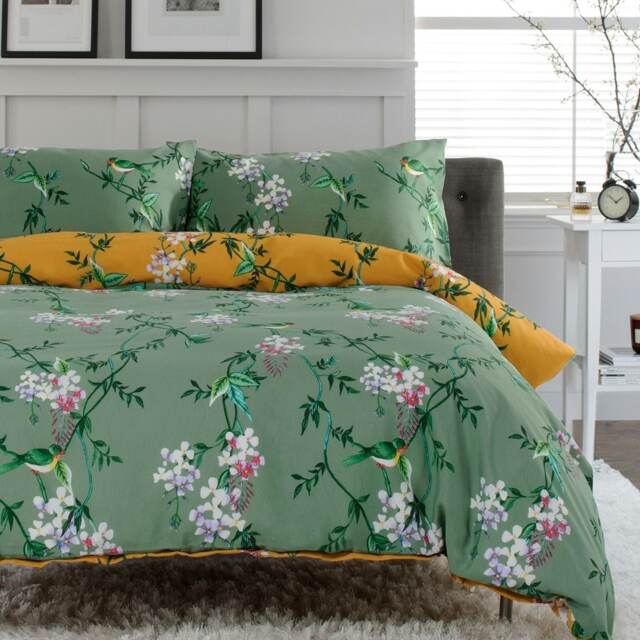 Bird Garden Sage & Gold 200 Thread Count Duvet Cover Set - Decorative Animal and Floral Bedding Design Green Sage & Gold Single