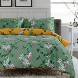 Bird Garden Sage & Gold 200 Thread Count Duvet Cover Set - Decorative Animal and Floral Bedding Design Green Sage & Gold Single