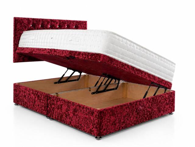 Side Lift Crushed Velvet Red Ottoman Bed Set 5ft Kingsize