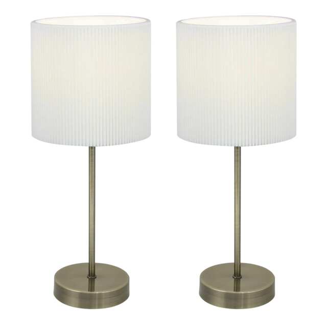 Set of 2 Antique Brass Stick Table Lamp with White Micropleat Shade