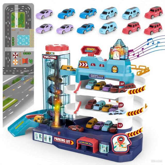 3-Storey Track Toy Garage Playset with Music, Light Effects, Electric Elevator, Ramps, 12 Mini Cars & Play Mat - Multi-Level Parking Lot Toy for Kids Ages 3-6, Perfect Birthday Gift for Boys & Girls