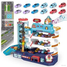 3-Storey Track Toy Garage Playset with Music, Light Effects, Electric Elevator, Ramps, 12 Mini Cars & Play Mat - Multi-Level Parking Lot Toy for Kids Ages 3-6, Perfect Birthday Gift for Boys & Girls