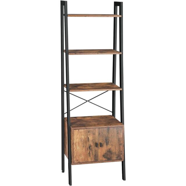 4-Shelf Ladder Bookcase with Cabinet Storage, Steel Frame, Stable Design, Rustic Brown