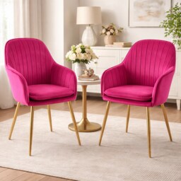 MUSE Pair of Chairs Upholstered in Velvet Fabric with Gold Legs - Fuchsia Pink Pink Fuchsia One Size