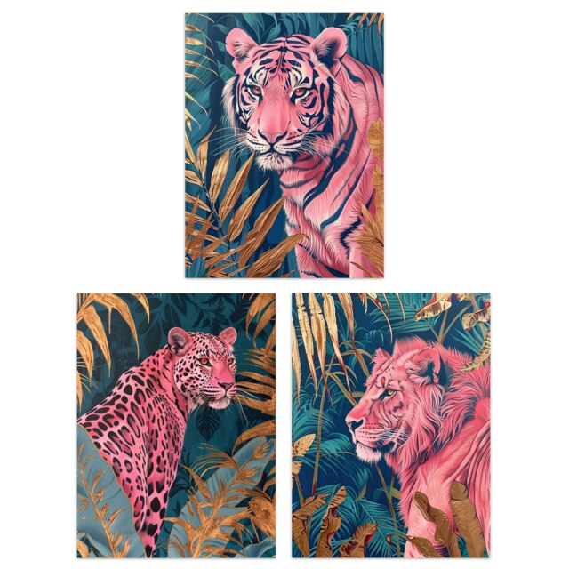 Set of 3 Pink Tiger Leopard Lion Gold Teal Jungle Living Room A4 Size Wall Art Prints Pack