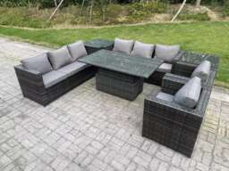 Fimous Wicker PE Garden Furniture Rattan Sofa Set Outdoor Adjustable Rising Lifting Dining Table Set with 2 Armchairs 2 Side Tables Dark Grey Mixed
