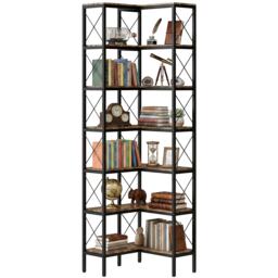 HOMCOM L-Shaped Bookshelf, 6-Tier Bookcase with Metal Frame, Rustic Brown