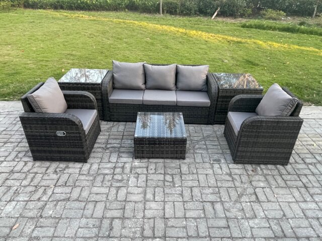 Fimous Garden Furniture Sets 5 Seater Wicker Rattan Furniture Patio Sofa Sets with Reclining Chair 3 Seater Sofa 2 Side Tables Dark Grey Mixed