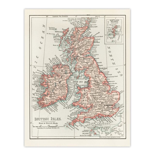 "1900 British Isles Map Rand Mcnally Vintage Wall Art Poster Print 12X16"""