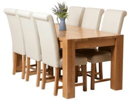 Kuba 180 x 90 cm Chunky Oak Dining Table and 6 Washington Leather Chairs Cream Cream