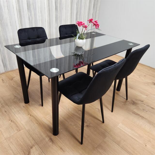 Black Glass Dining Table Set With 4 Black Velvet Chairs For Dining Room And Kitchen Furniture