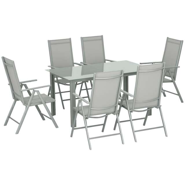 Outsunny 7 Piece Garden Dining Set, Outdoor Table and 6 Chair, Aluminium, Grey Grey