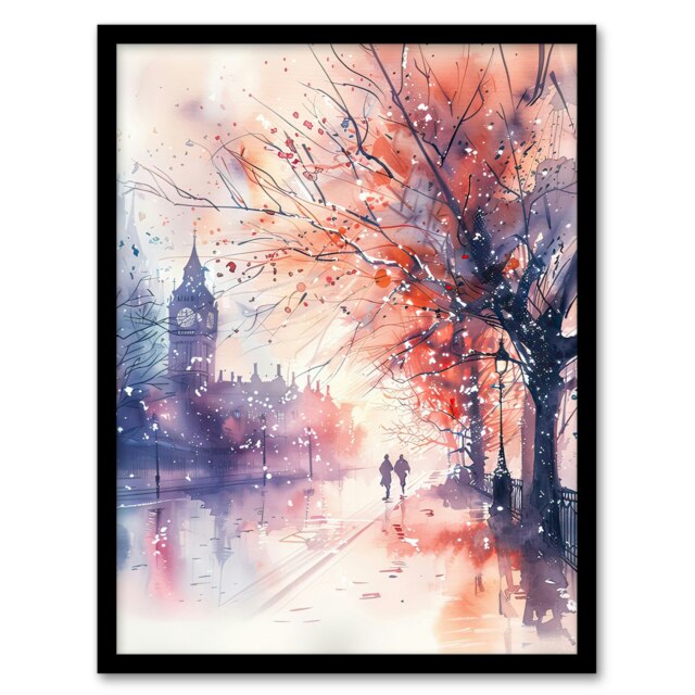 Lovers Walk London Big Ben Autumn Home Decor Black Framed Wall Art Print A4