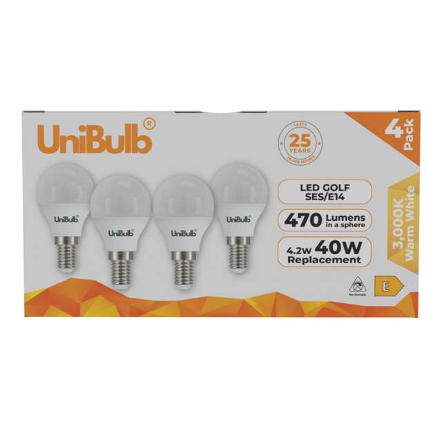 UniBulb LED Golf Ball E14 Small Edison Screw (SES) 470lm 4.2W (Replaces 40W) 3000K (Warm White) Light Bulb - Pack of 4 White Warm White 4